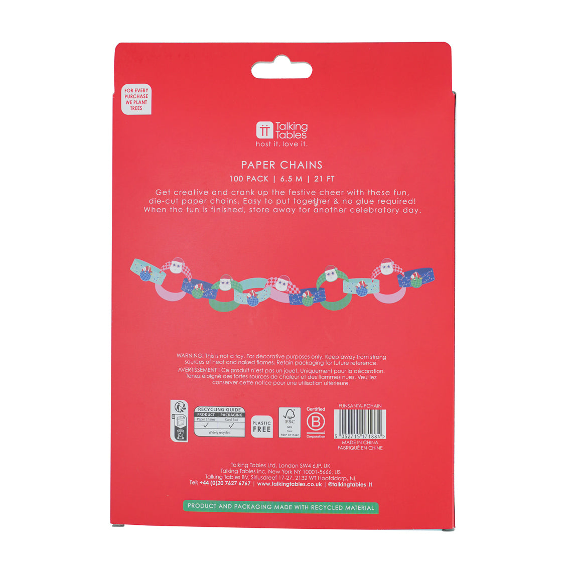 Red package of paper chains with text and branding on a white background