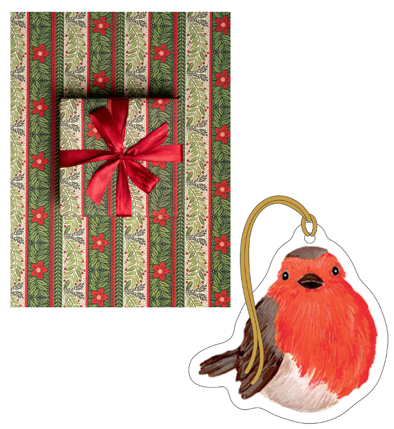 Christmas rose gift wrap bundle. Christmas rose wrapping paper and robin gift tag.