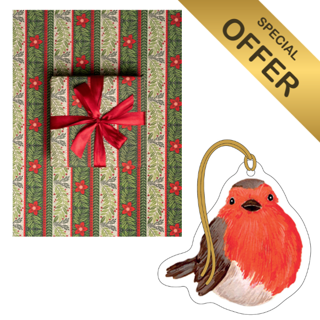 Christmas rose gift wrap bundle. Christmas rose wrapping paper and robin gift tag, with a Gold special offer banner.