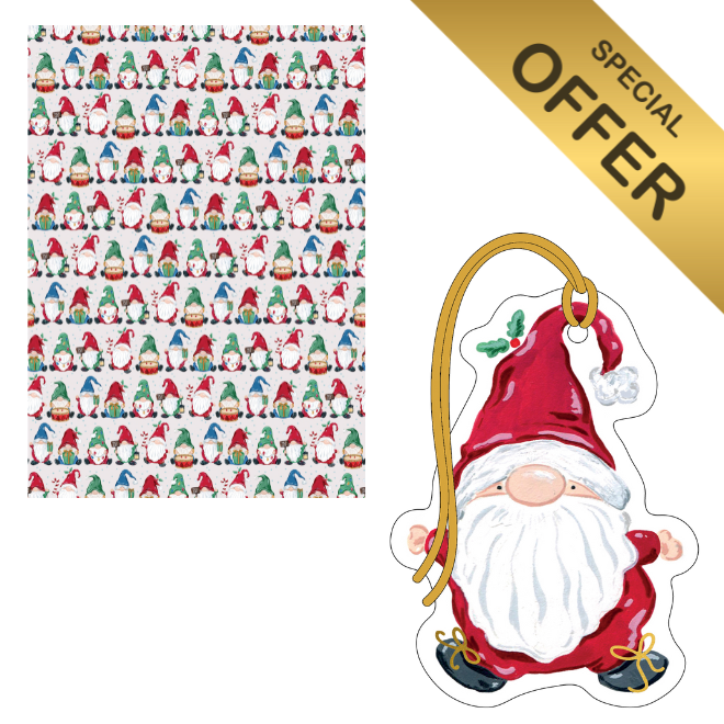 Festive gnomes gift wrapping bundle. Gnomes wrapping paper, gnomes gift tag and Gold special offer banner.