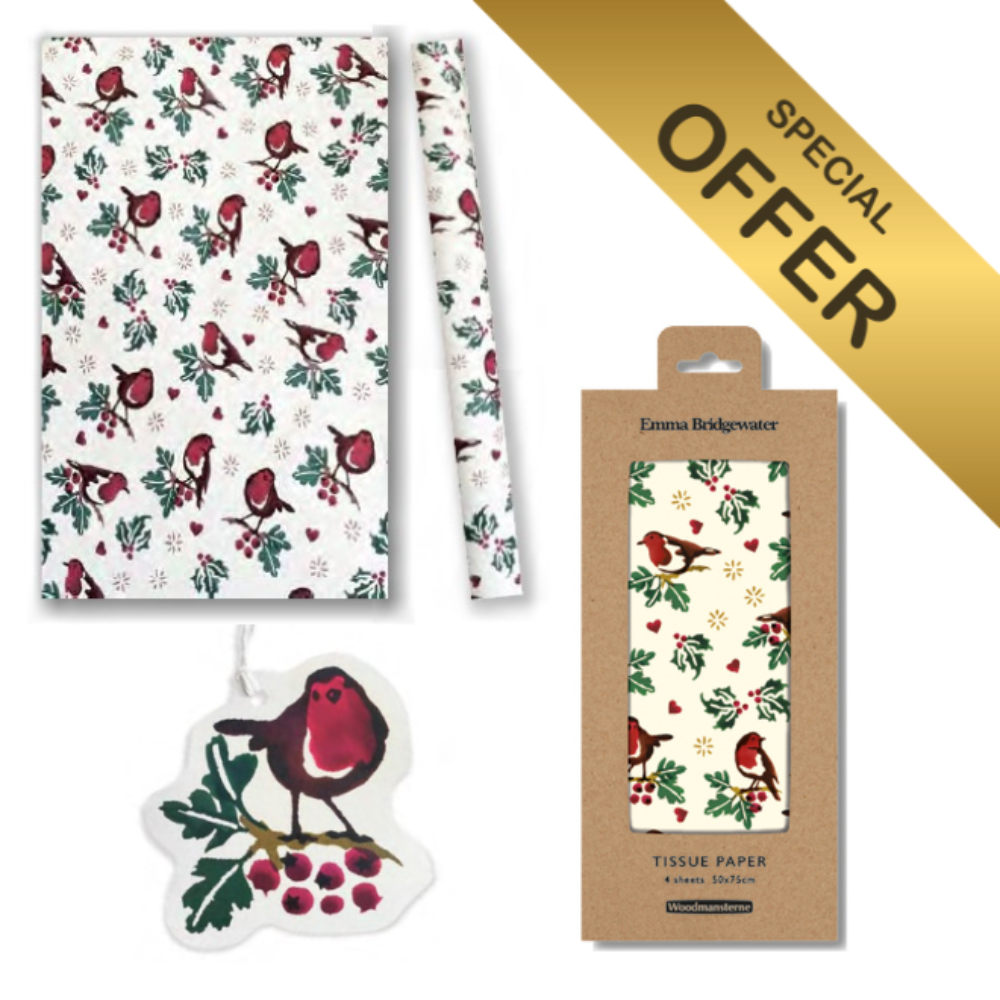 Emma Bridgewater's robin and holly design giftwrap, tissue paper and tags bundled  under a gold special offer flash