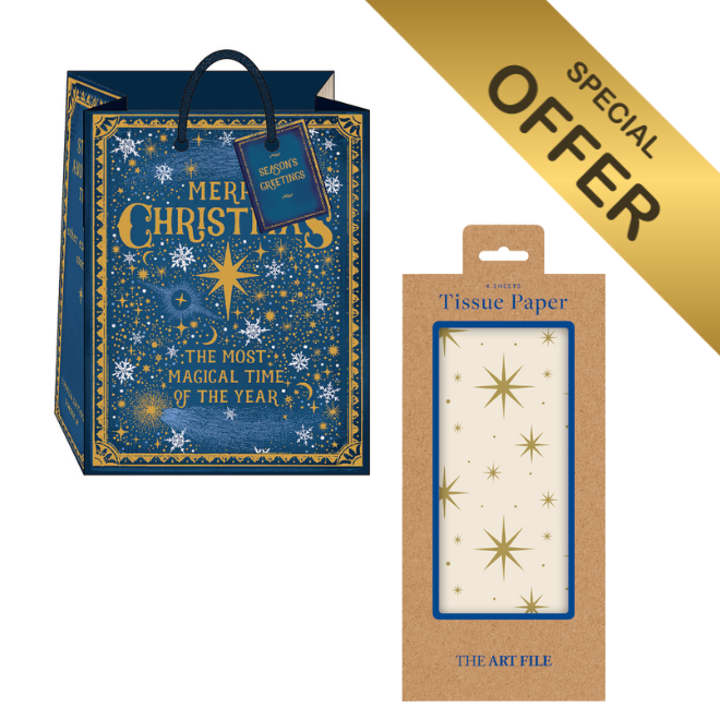 Magical time gift wrap bundle with blue festive bag and star tissue paper and Gold special offer banner.