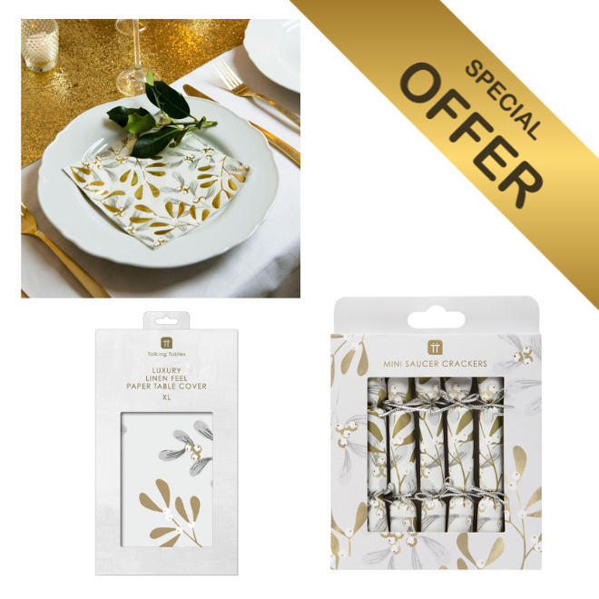 Mistletoe tableware bundle with napkin on a plate, tablecover and crackers in a packet, with a Gold special offer banner.
