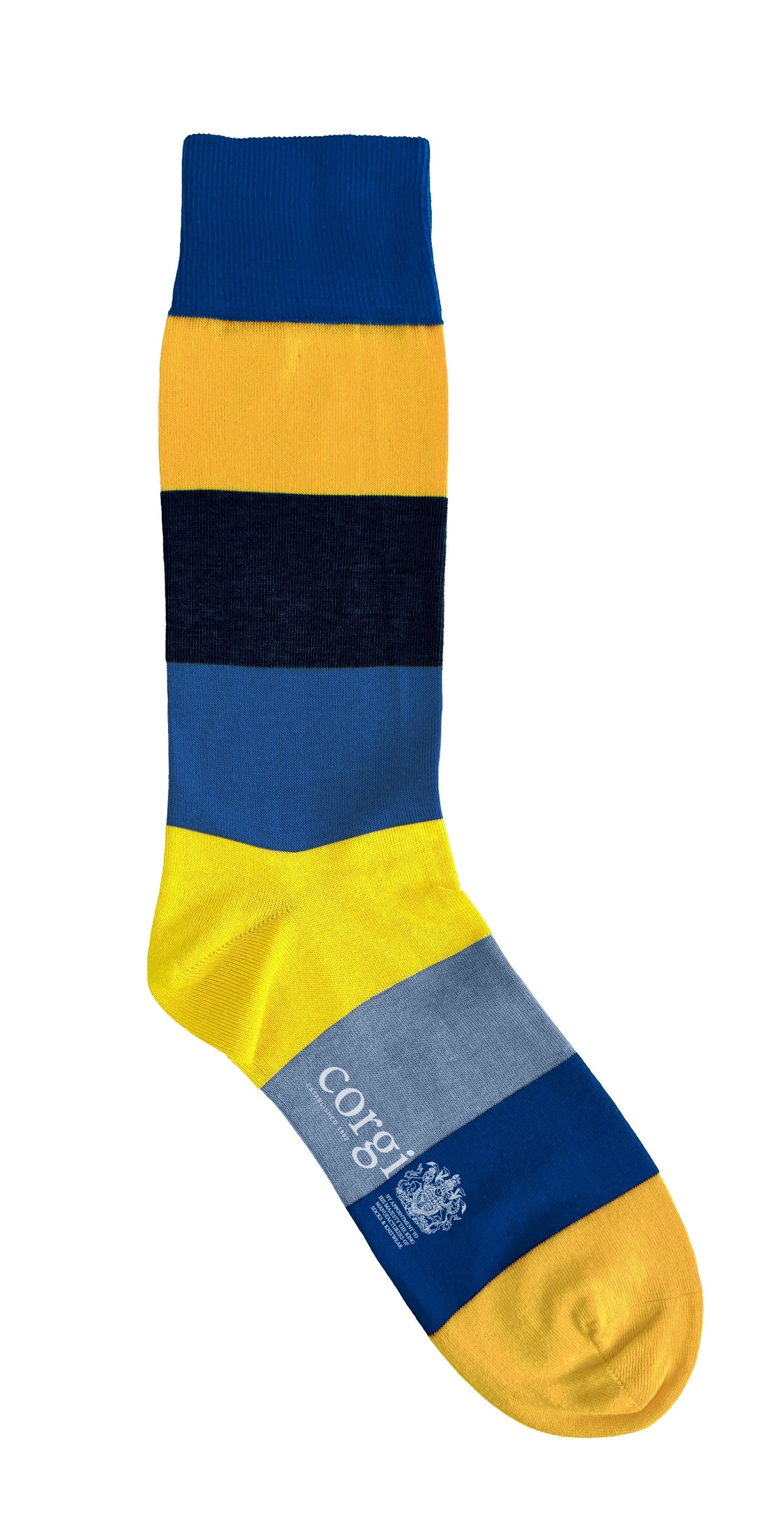 A single crew sock with horizontal stripes in royal blue, yellow, and navy, featuring a light yellow toe section with the brand name 'corgi'  and the King's royal warrant printed on the light and dark blue section on the sock sole.