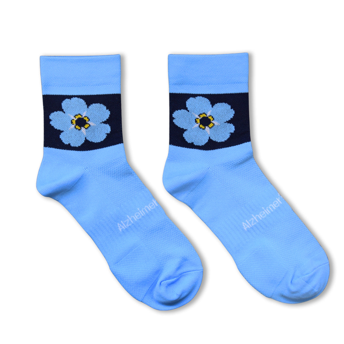 Forget-me-not blue running socks with logo on a white background.