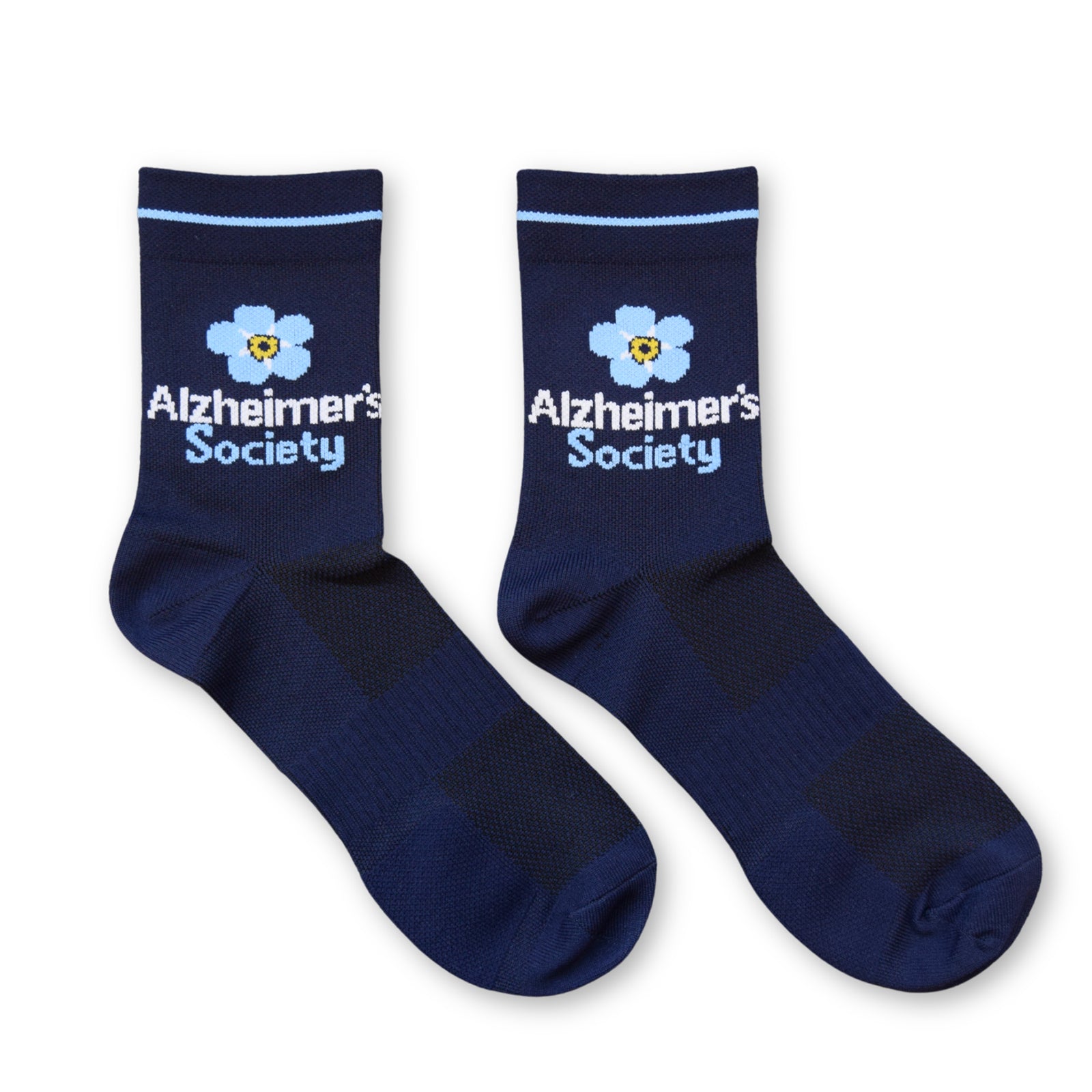 Navy Alzheimer's Society branded running socks on a white background.