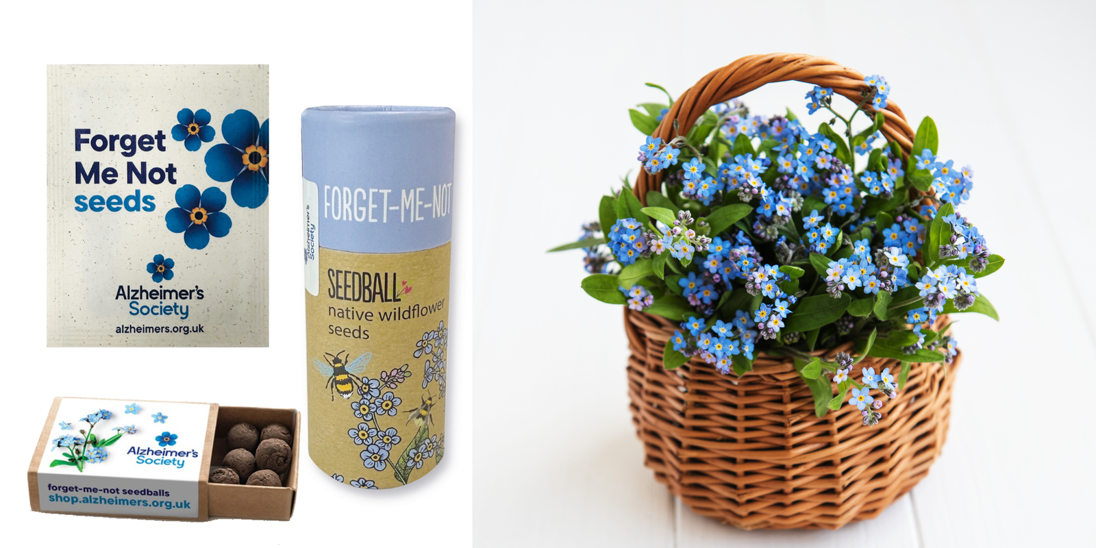 Alzheimer's Society Forget Me Not seed products including seeds, seedballs. Also features the flowers in a basket.