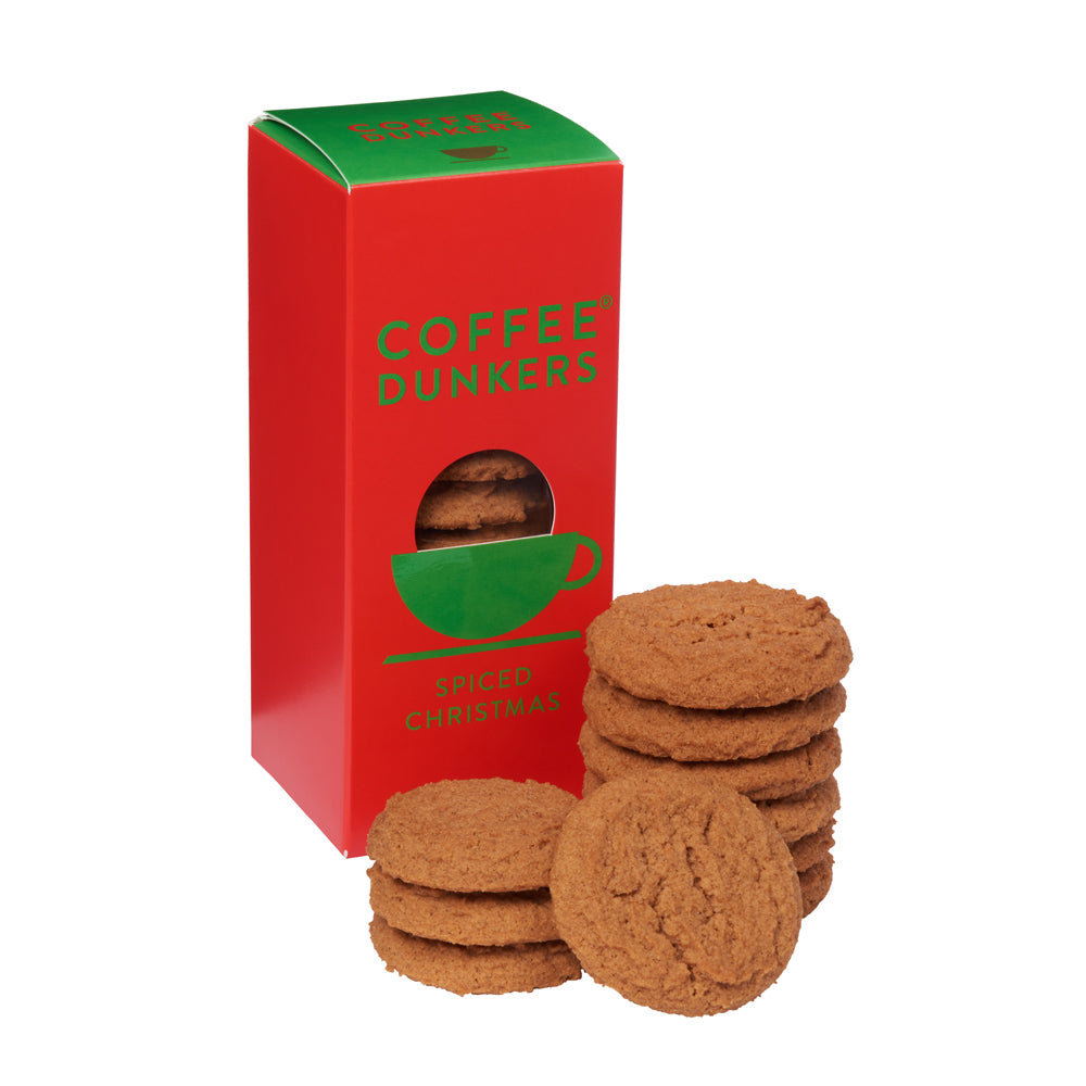 Stack of cookies with a red 'Coffee Dunkers' box on a white background