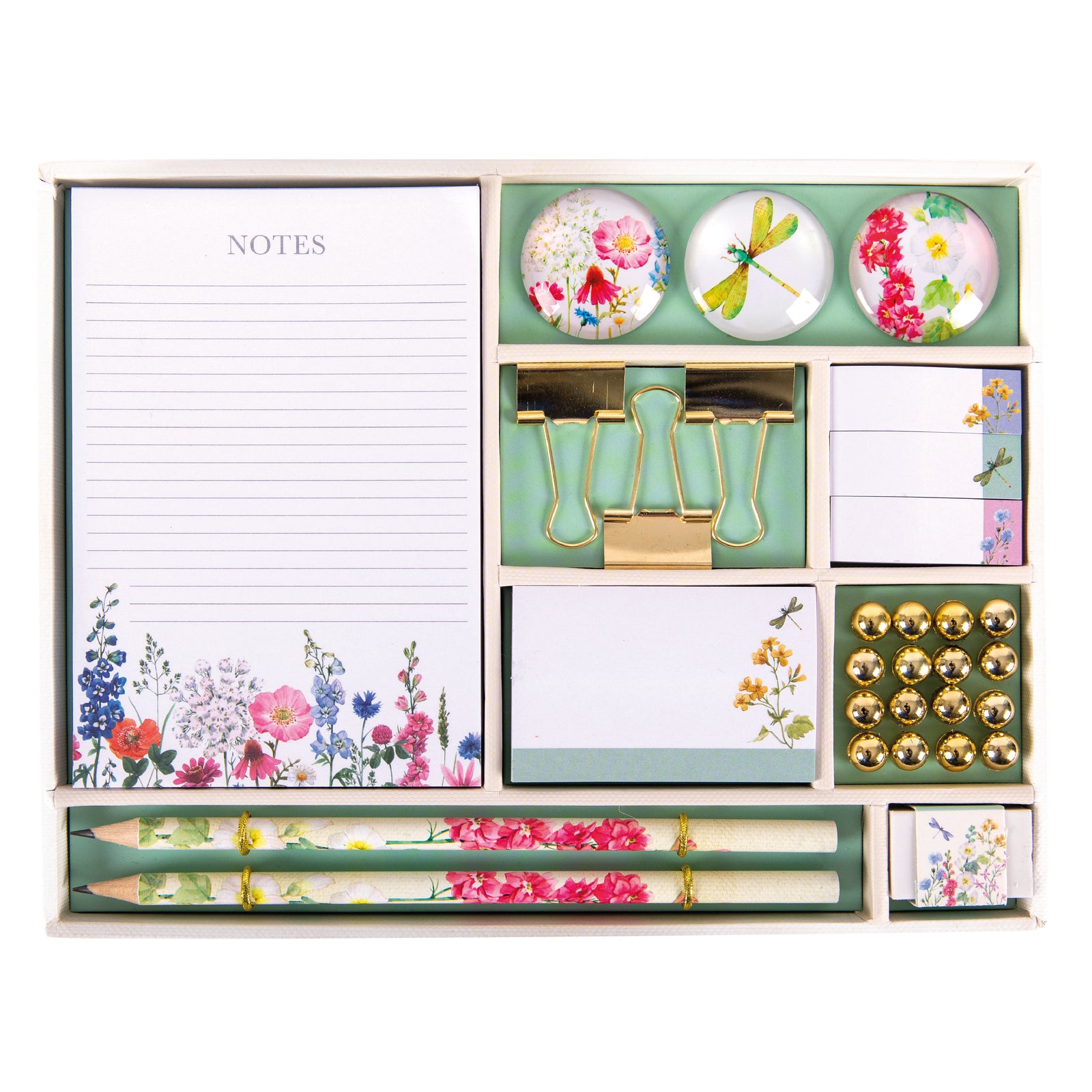 Stationery set with a notebook, pens, and decorative and practical items in a green and cream box.