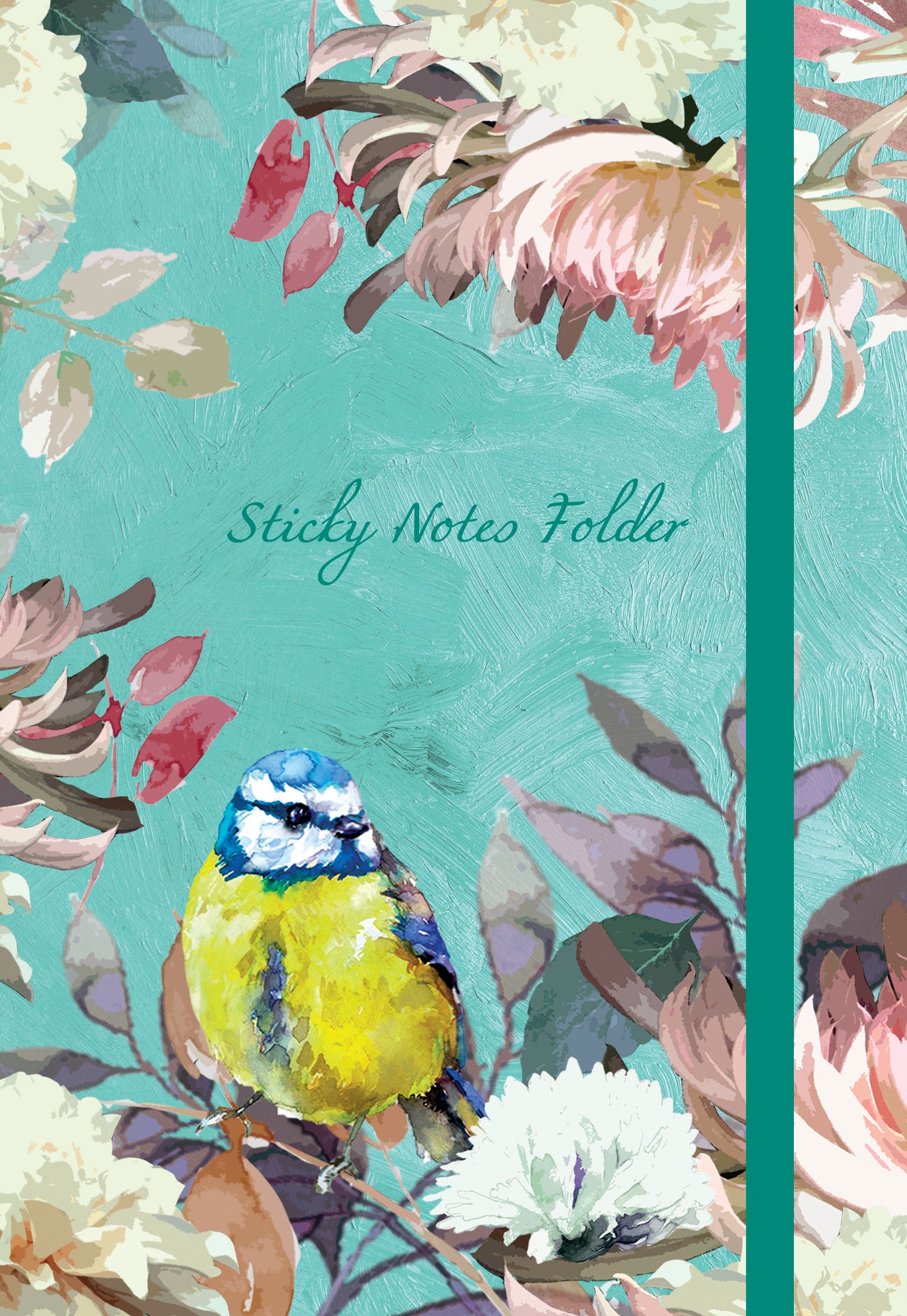 Sticky notes folder with floral design and bird illustration on a green background