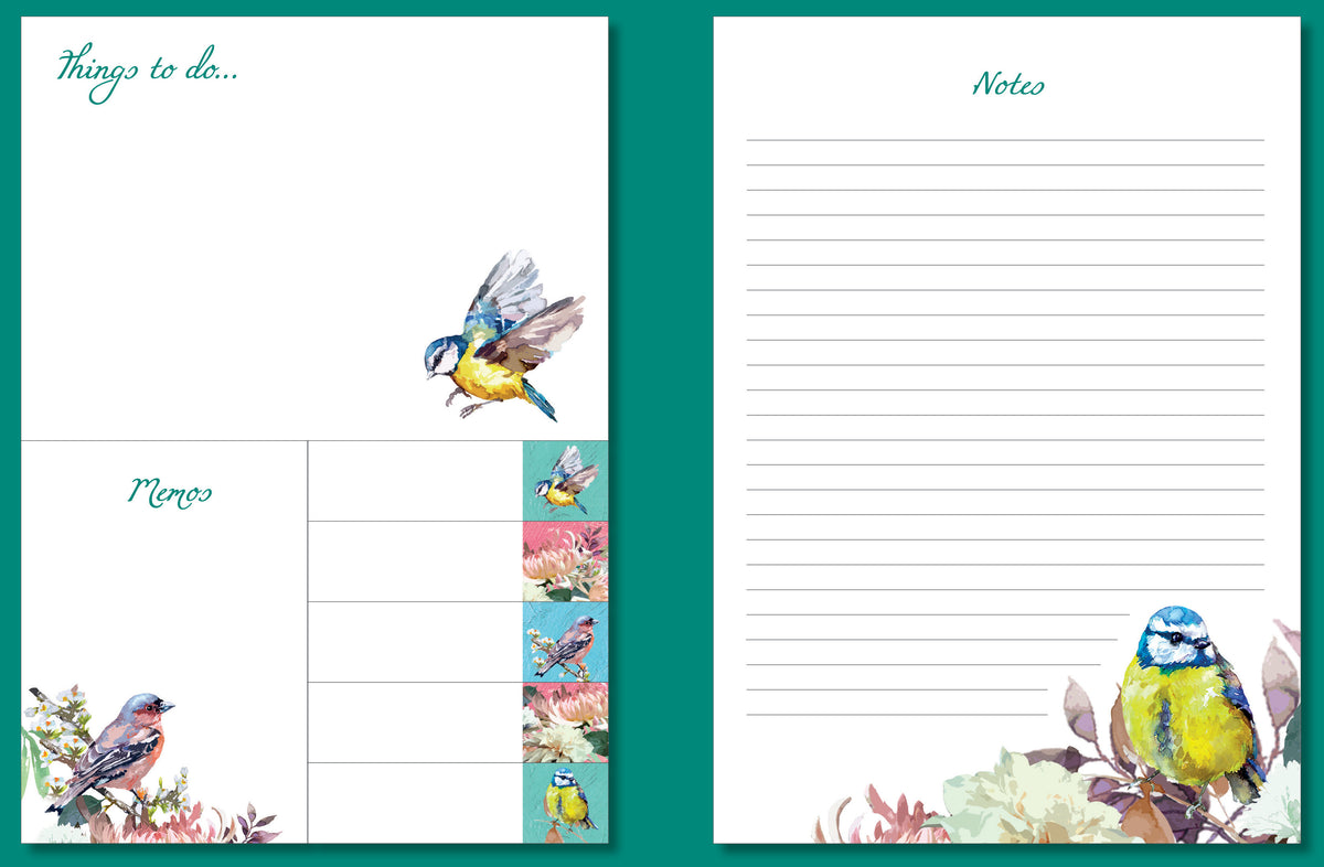 Notebook with bird illustrations on a green border
