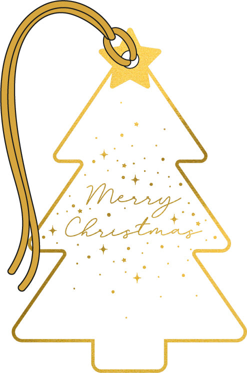 Gold tree-shaped tag with gold foil and merry Christmas written on white background.
