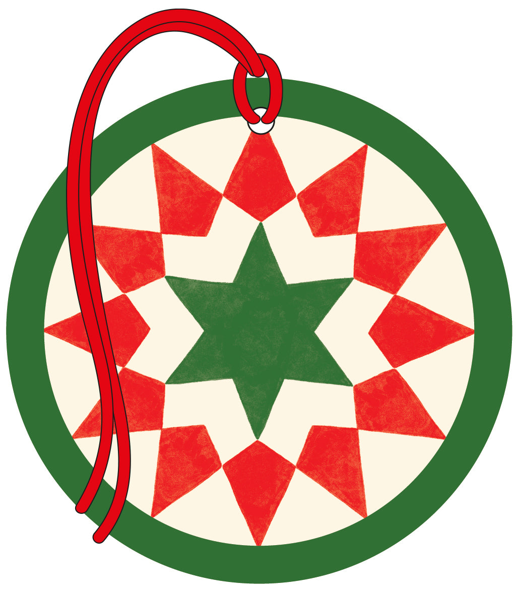 Circle geo stars printed gift tag with red ribbon on a white background.