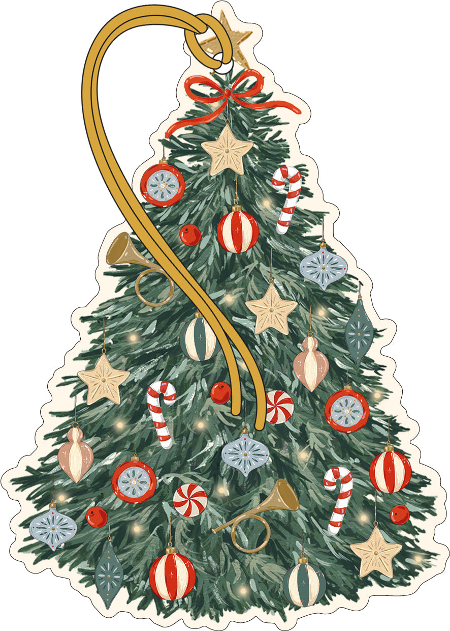 Christmas tree shaped gift tag with ribbon on a white background.
