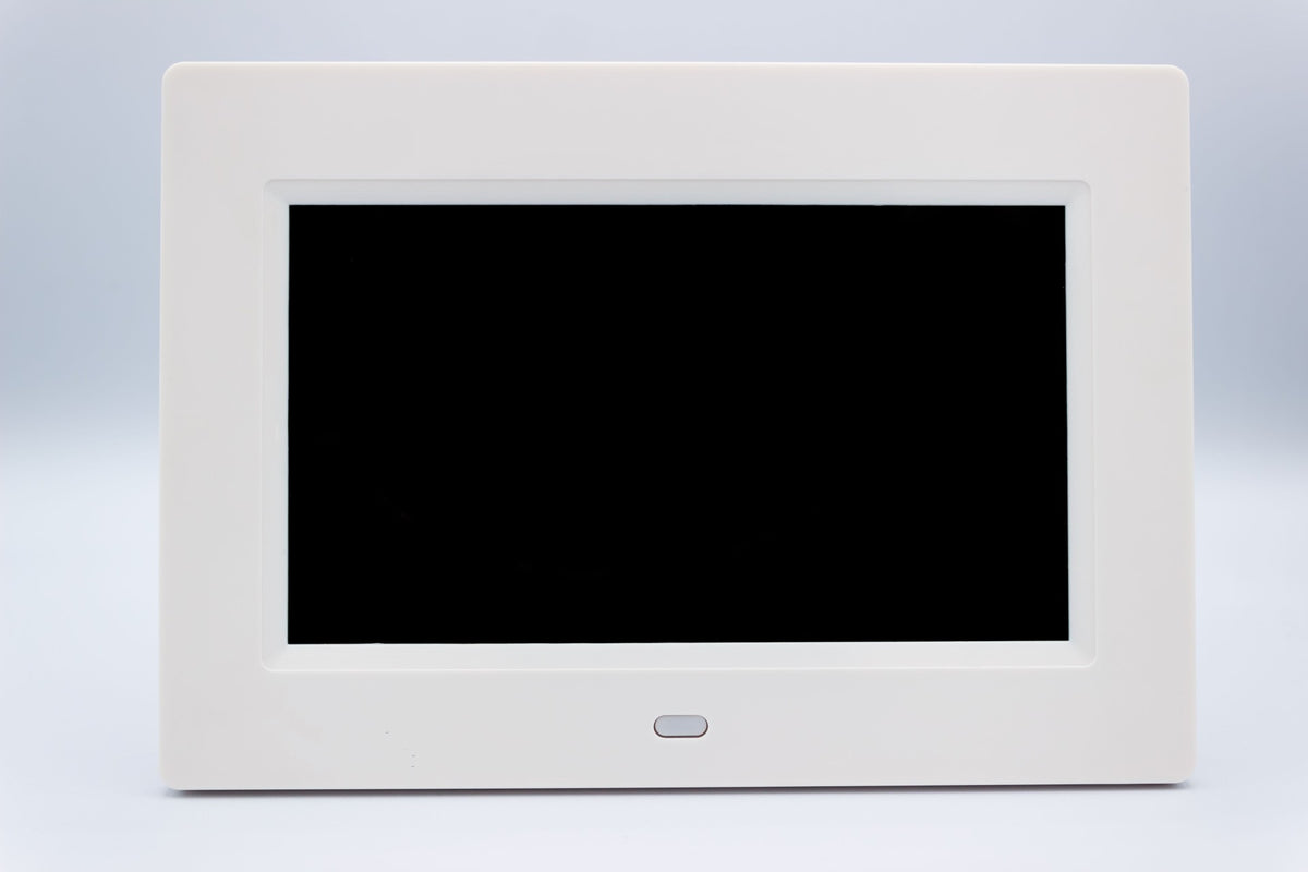 A white digital picture frame with a black screen, shown against a light gray background.