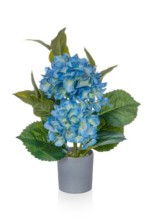 Faux blue hydrangea in a pot