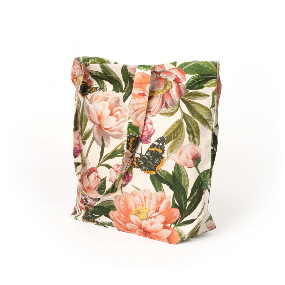 Peony and butterfly tote bag, handles down