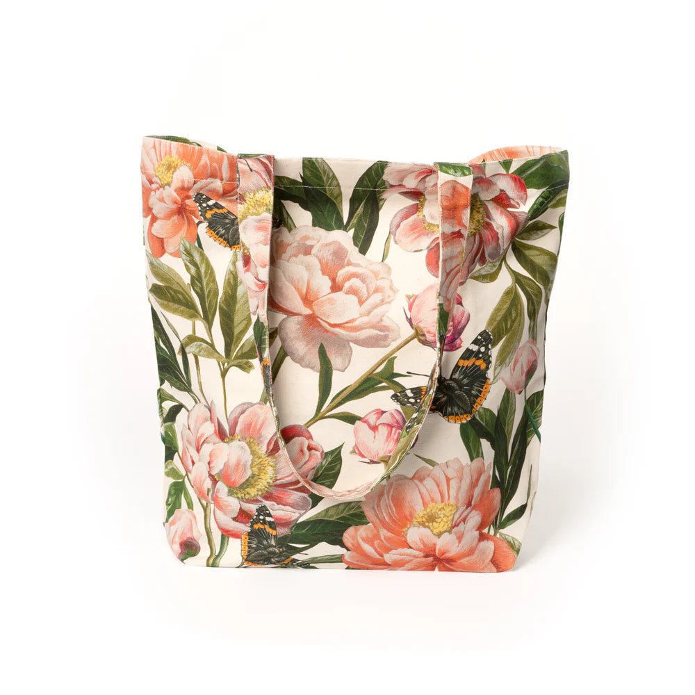 Peony and butterfly tote bag, handles down