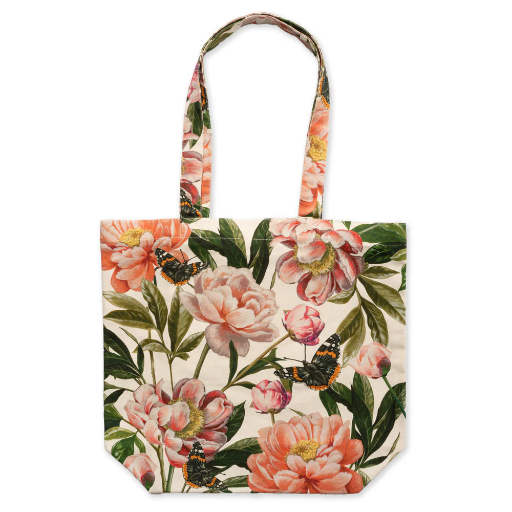 Peony and butterfly tote bag, handles up