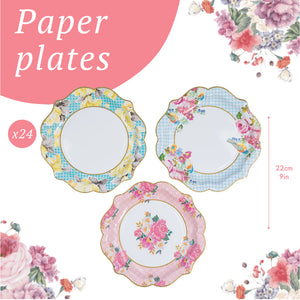 Light Pink & Blue Floral Paper Plates - 24 pack