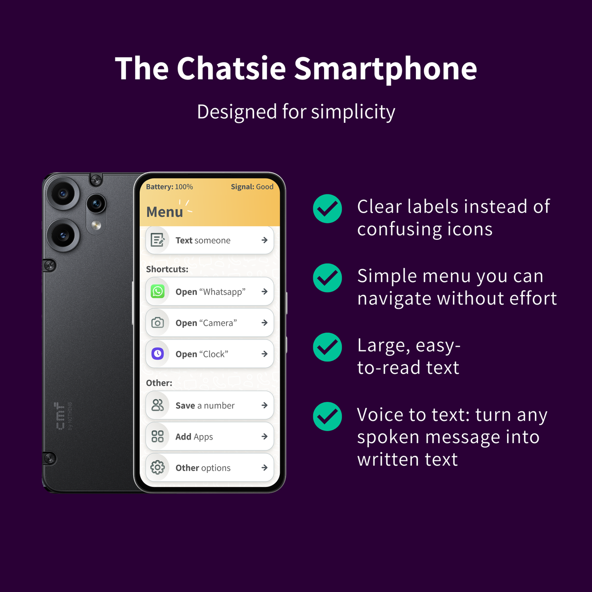 The Chatsie Smartphone shown on a dark purple background with marketing text and green checkmarks highlighting design features like clear labels, simple menu navigation, large readable text, and voice-to-text capability.