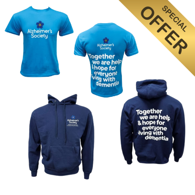 Alzheimer's Society t-shirts and hoodies with text and logo on a white background