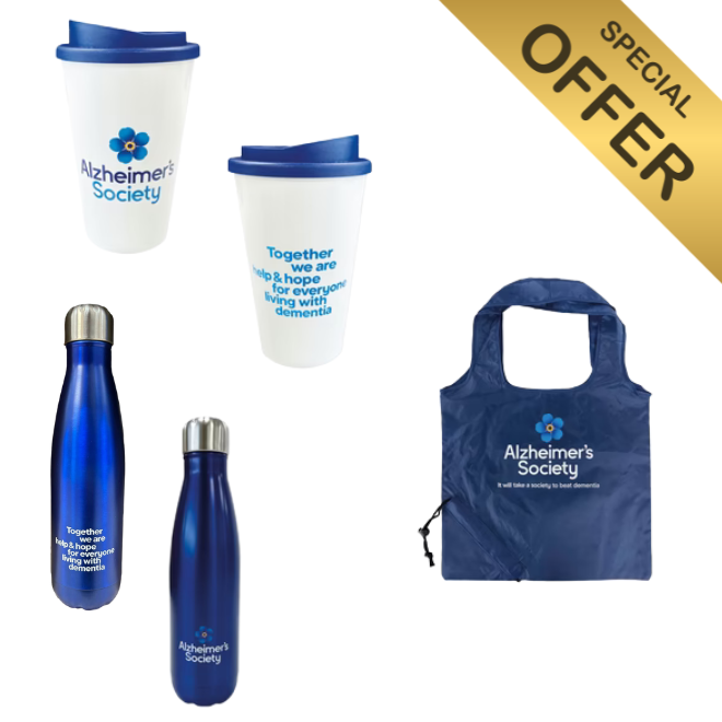 Alzheimer's Society promotional items including tumblers, water bottles, and a bag on a white background.