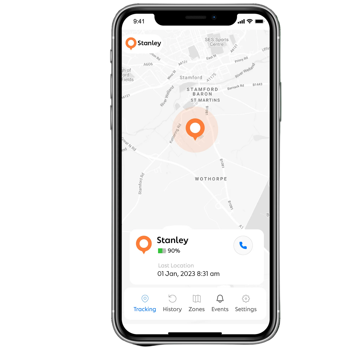 Mobile phone screen showing the location of the person called Stanley's GPS tracker as well as the time of alert sent.