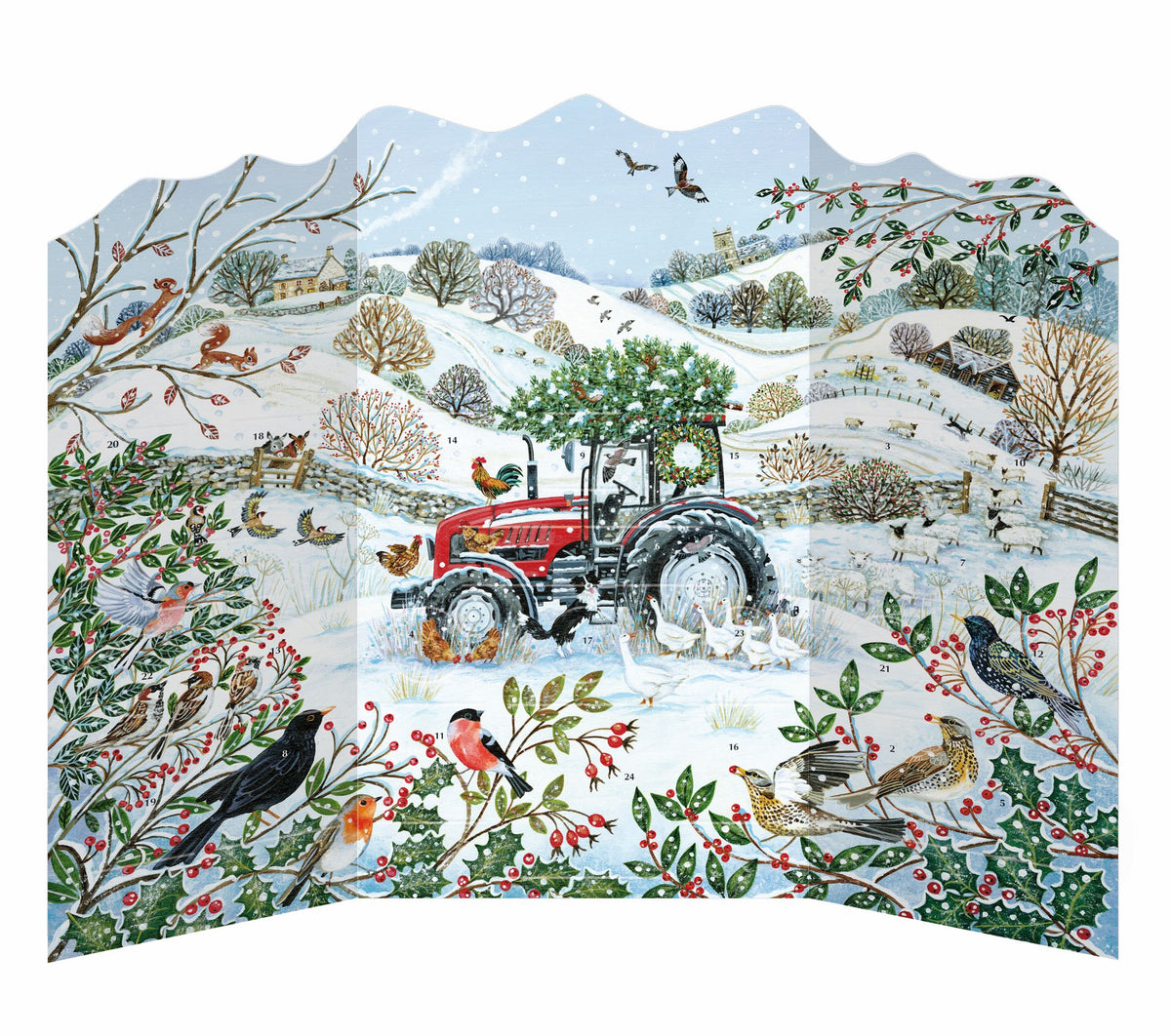 A decorative winter landscape advent calendar backdrop featuring a red tractor in a snowy field, surrounded by birds, holly, trees, and mountains under a pale blue sky.