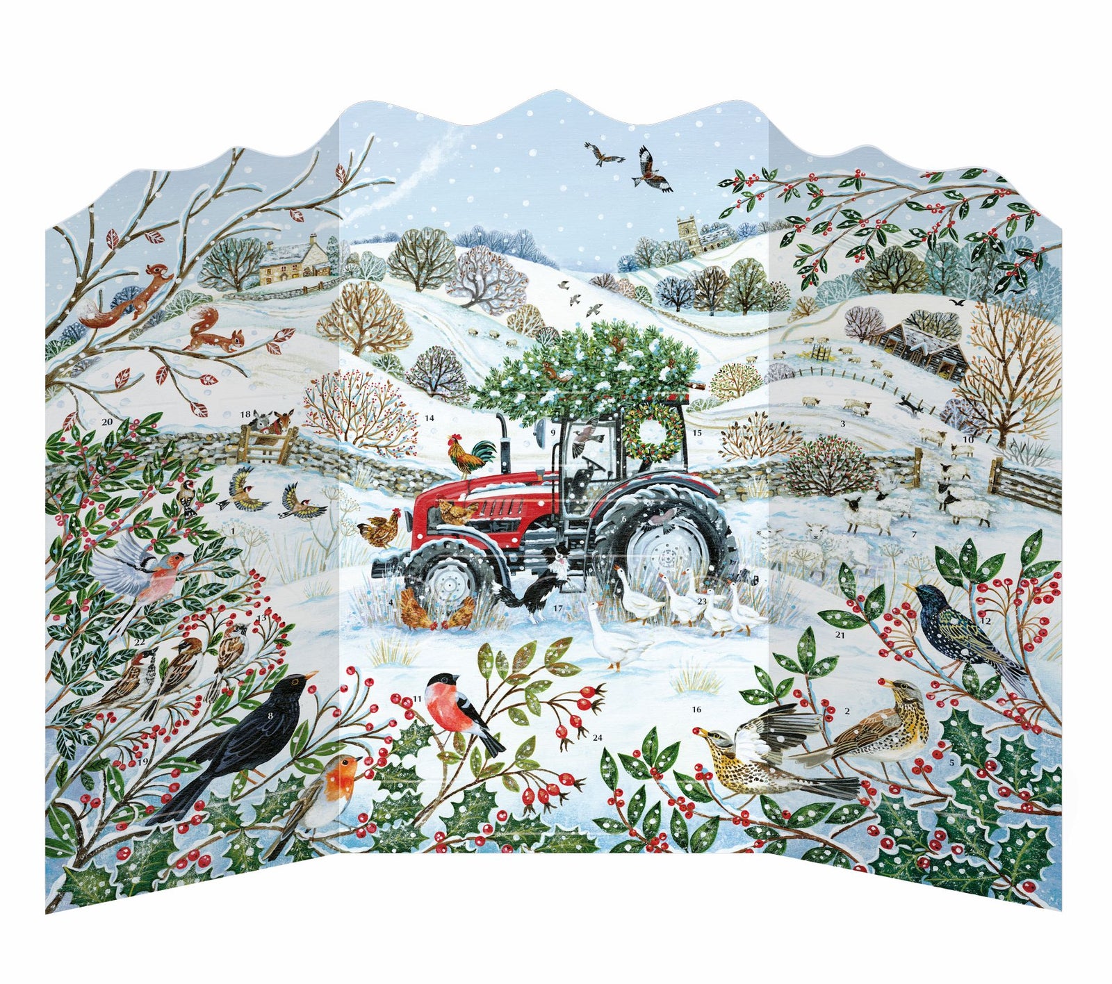 A decorative winter landscape advent calendar backdrop featuring a red tractor in a snowy field, surrounded by birds, holly, trees, and mountains under a pale blue sky.