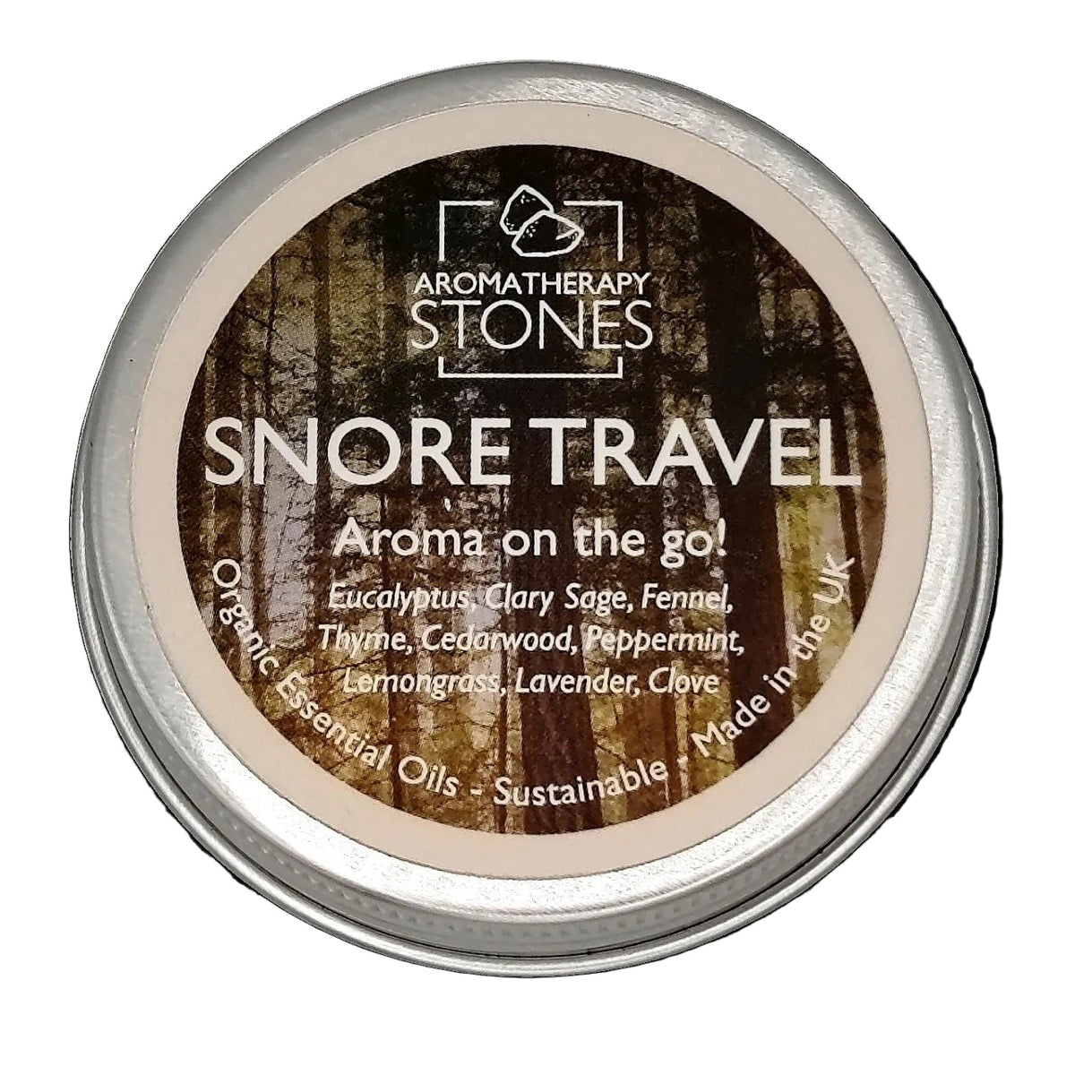 Snore travel silver tin with lid on and white background.