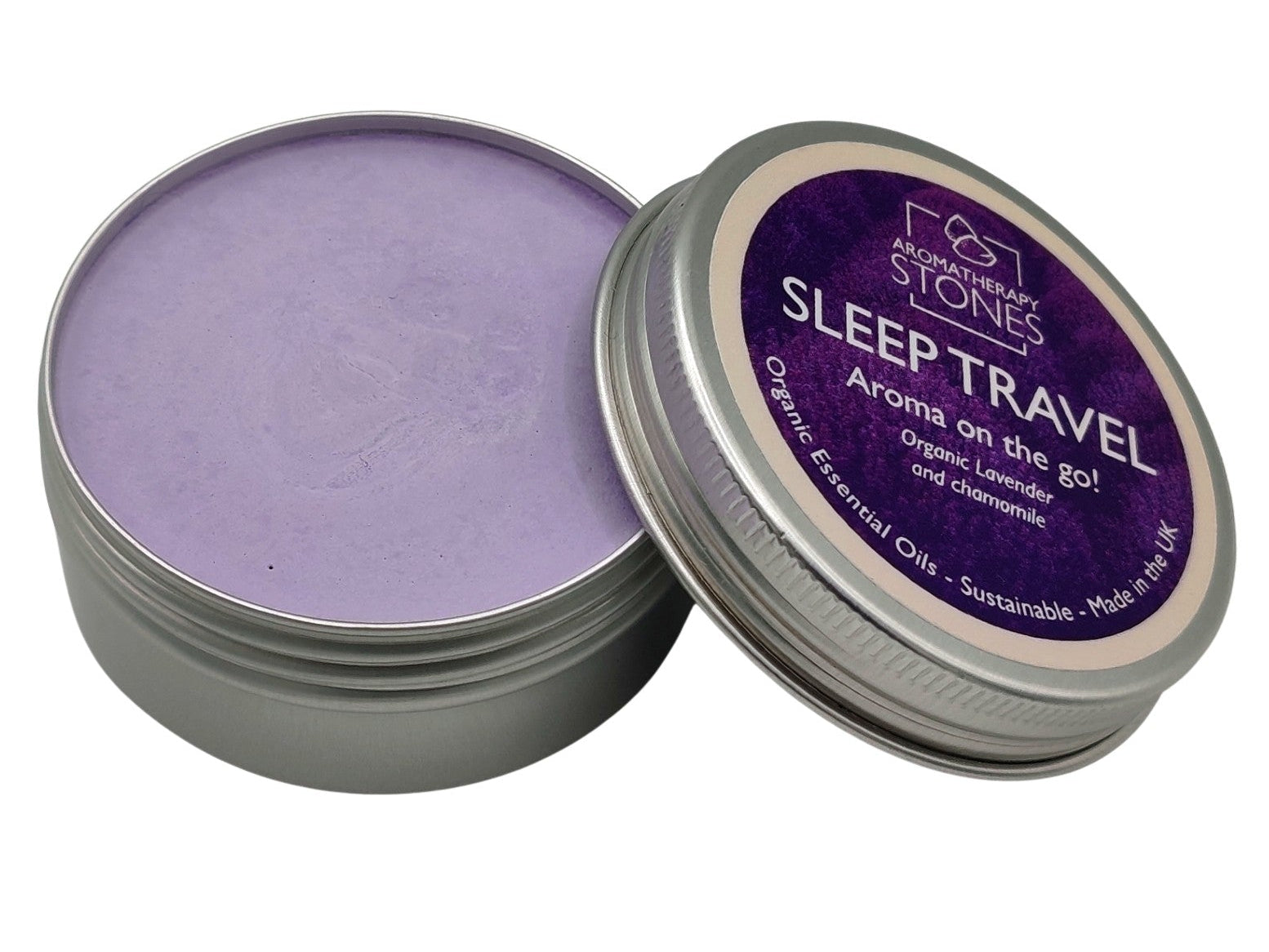Sleep travel silver tin with lid partially open and white background.