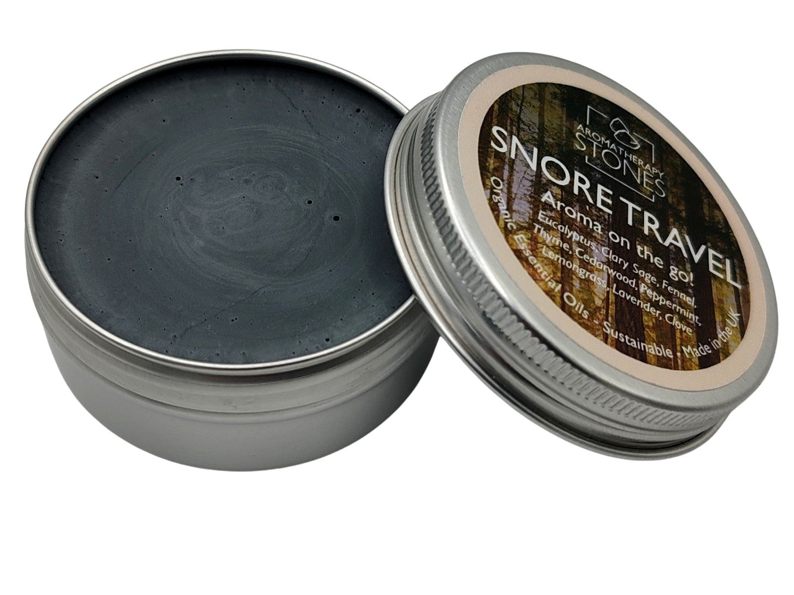 Snore travel silver tin with lid on and white background.