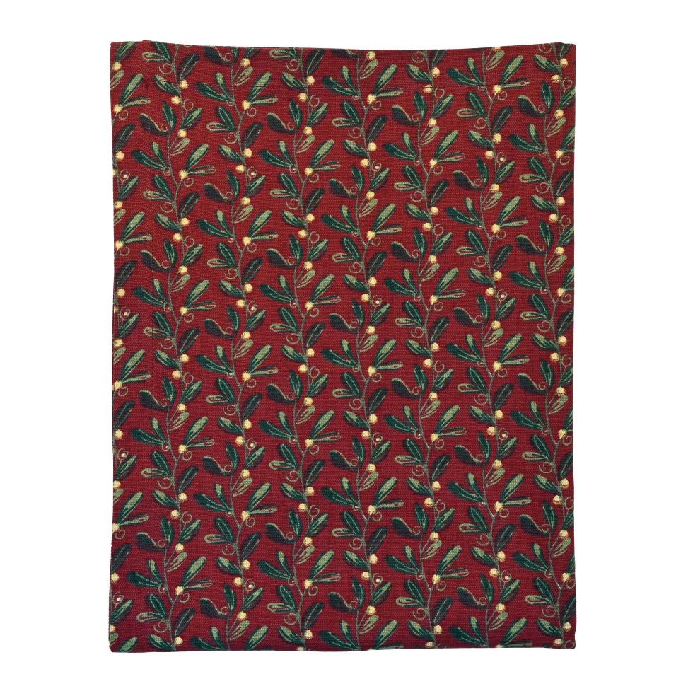 Mistletoe pattern tablecloth on a white background.