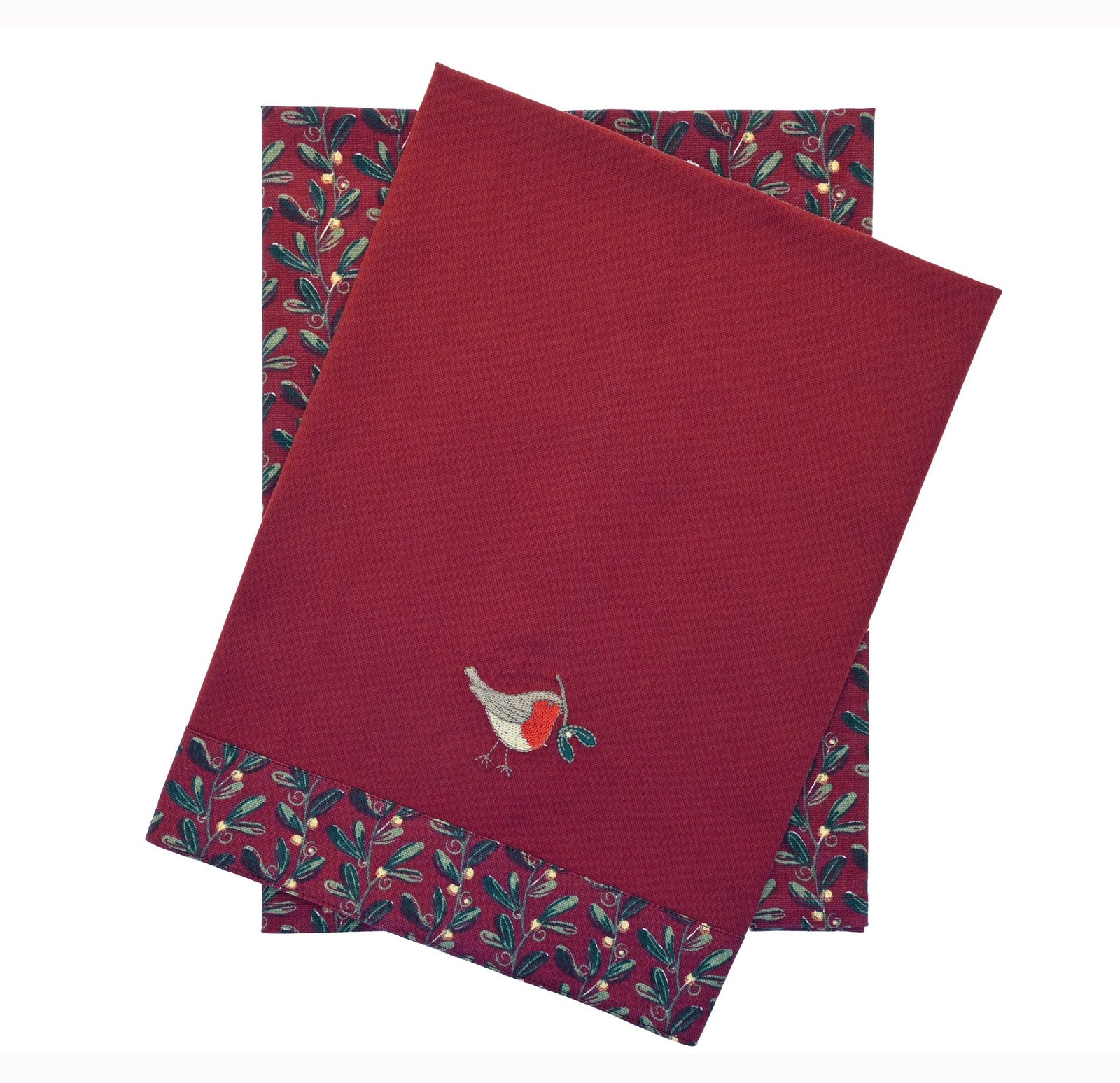 Patterned set of 2 teatowels on a white background.