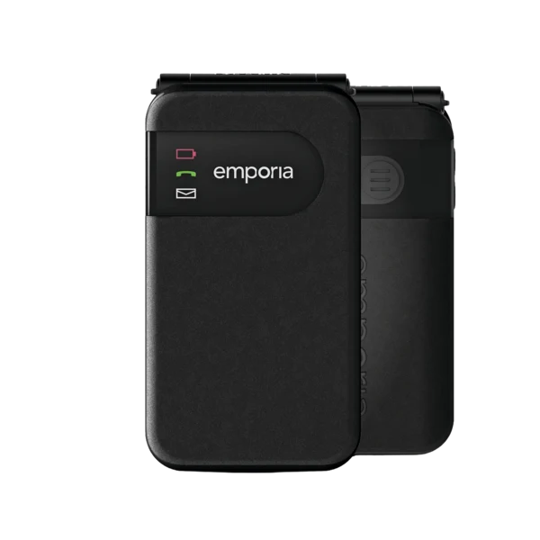 A black Emporia clam shell mobile phone shown in front and back views against a solid white background.