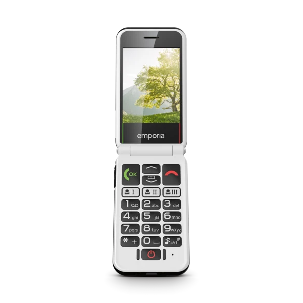 A white flip-style mobile phone with a large numeric keypad and a small display showing a tree landscape. The brand name 'emporia' is printed below the screen.