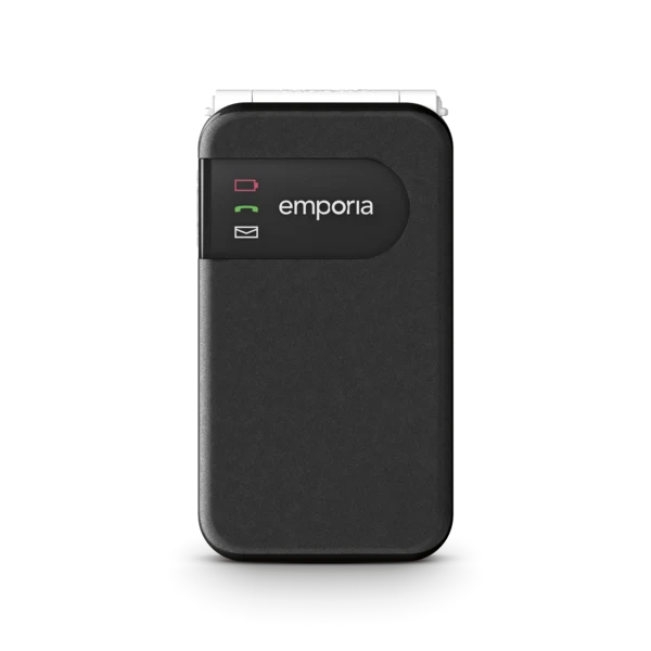 A black rectangular clam shell mobile phone with rounded corners, featuring the white 'emporia' logo and three small coloured status icons on the front, set against a plain white background.