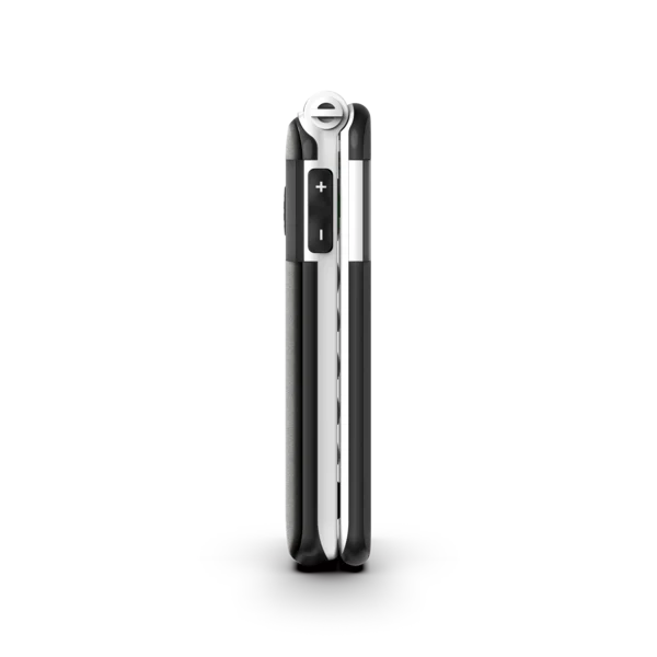 A slim black and silver folding clam shell mobile phone shown from the side on a clean white background.
