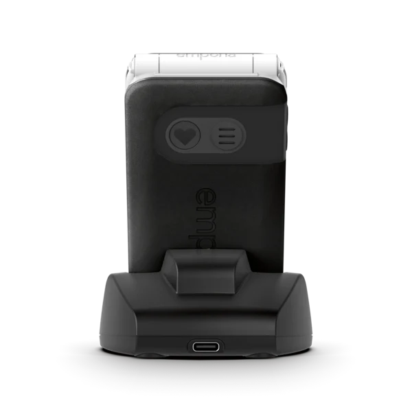 A black Emporia mobile phone charging dock and charging case, shown from the back on a clean white background.