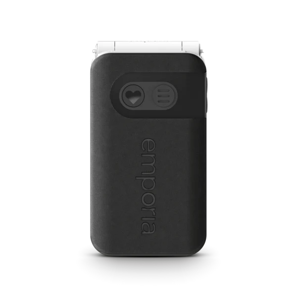 A black Emporia mobile phone with a matte finish, featuring a debossed emergency button with a vertical 'emporia' logo and a heart icon cut-out, shown on a clean white background.