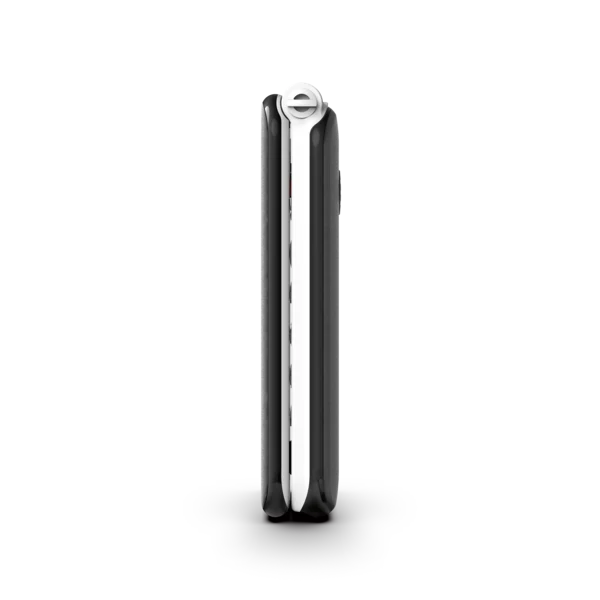 A slim, black folding clam shell mobile phone shown from the side profile against a clean white background.
