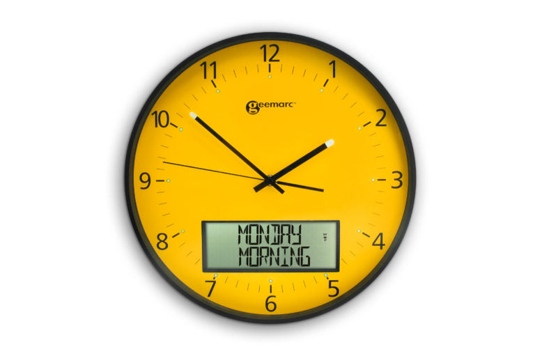 Large yellow analogue clock with digital display.