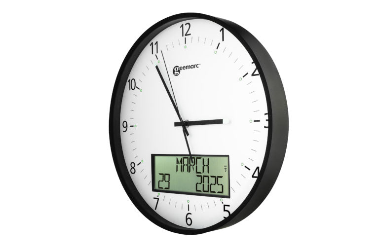 Large white analogue clock with digital display on a side angle.