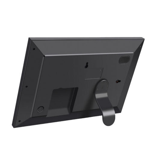 Black rectangular photo frame with a detachable stand leg on a white background