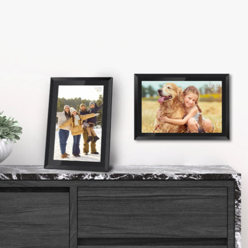 Two framed pictures on a decorative chest of drawers with a plant.