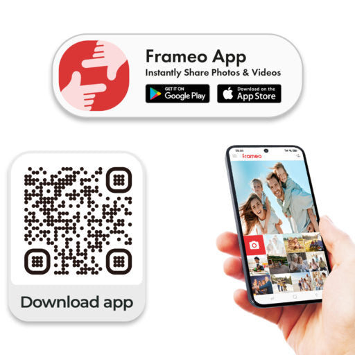 Promotional graphic for the Frameo App with a phone, QR code, and app store icons on a white background.