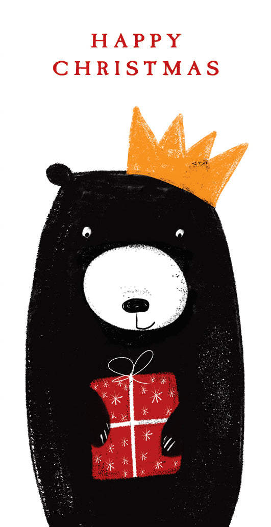 Cute bear holding a present with Happy Christmas wording money wallet card on a white background.