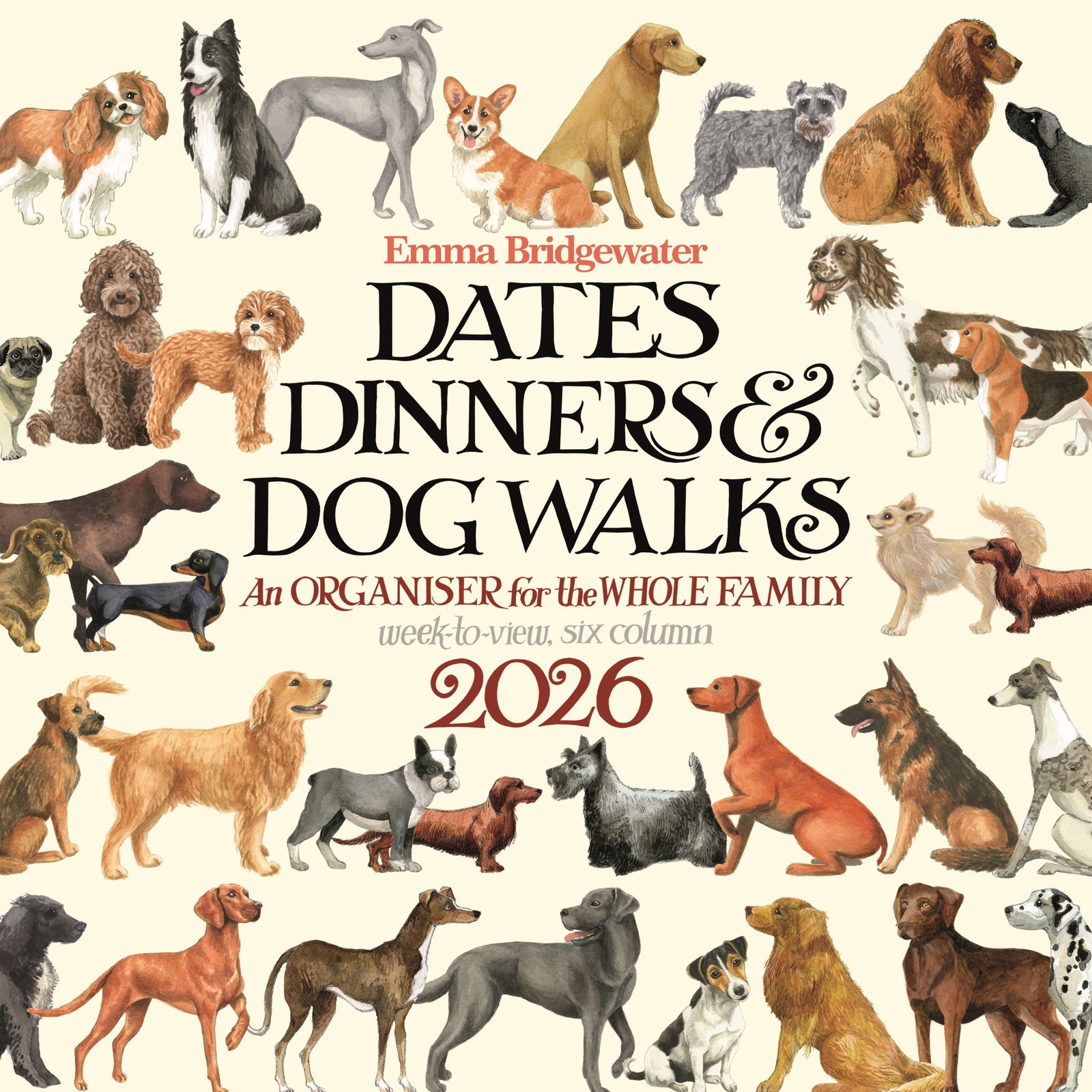 2026 calendar with dog illustrations and text 'Emma Bridgewater Dates, Dinners & Dog Walks'.