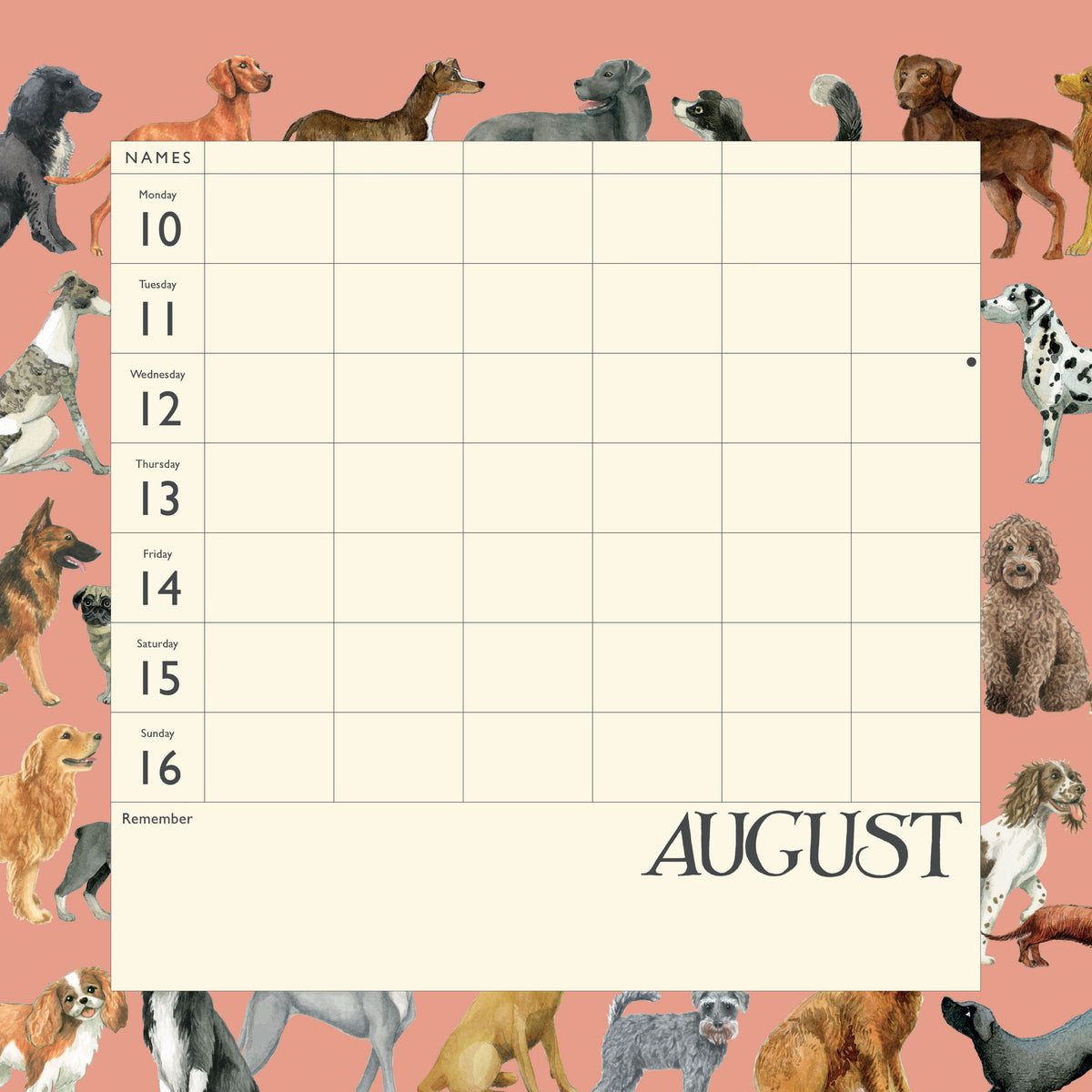 Calendar for August with dog illustrations on a pink background